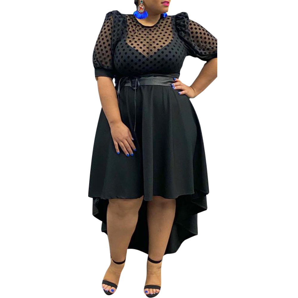 6XL Plus Size Black Dress For Women Puff Sleeve Asymmetrical Dresses Female Vintage Polka Dot Dress With Sashes Party Dress D20 210309