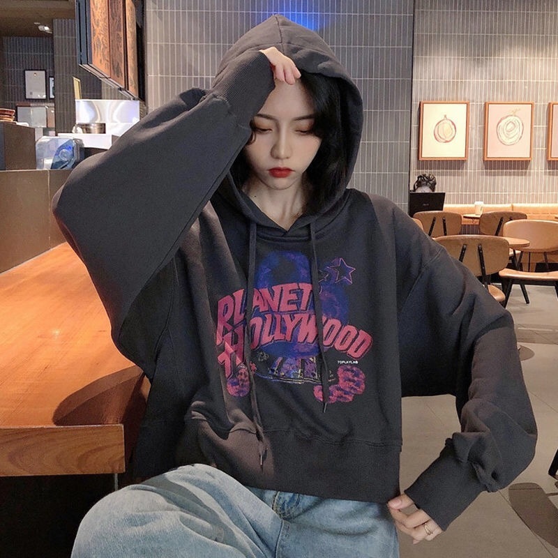 Short hooded sweatshirt Harajuku street ladies hoodie style Korean ladies long sleeve tops and shirts for women 201203