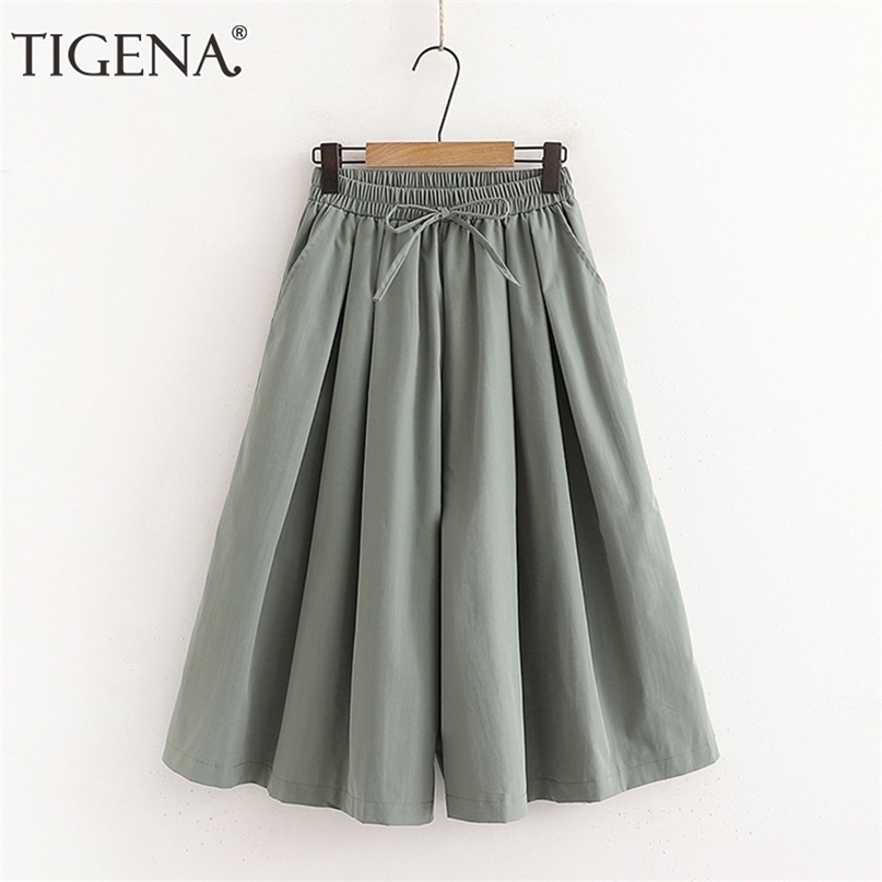 TIGENA Loose Wide Leg s Pants Women Summer Casual Solid All-match Trousers Calf-length High Waist Female 211115