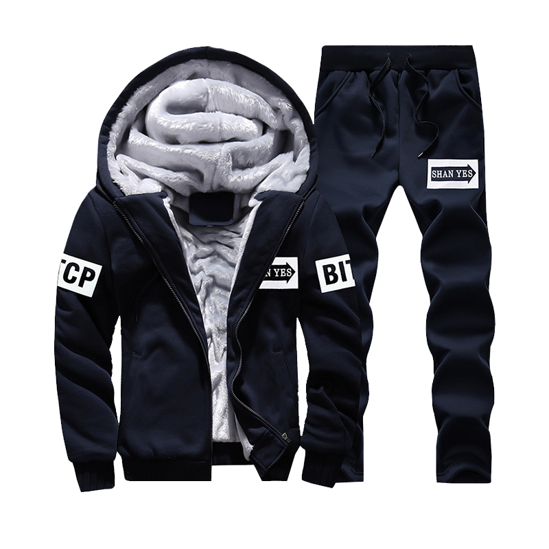 Men's Winter Warm Fleece Sports Tracksuit Male Hooded And Sweatpant Sets Casual 2 Piece Thick Warm Zipper Suit Outwear 201210