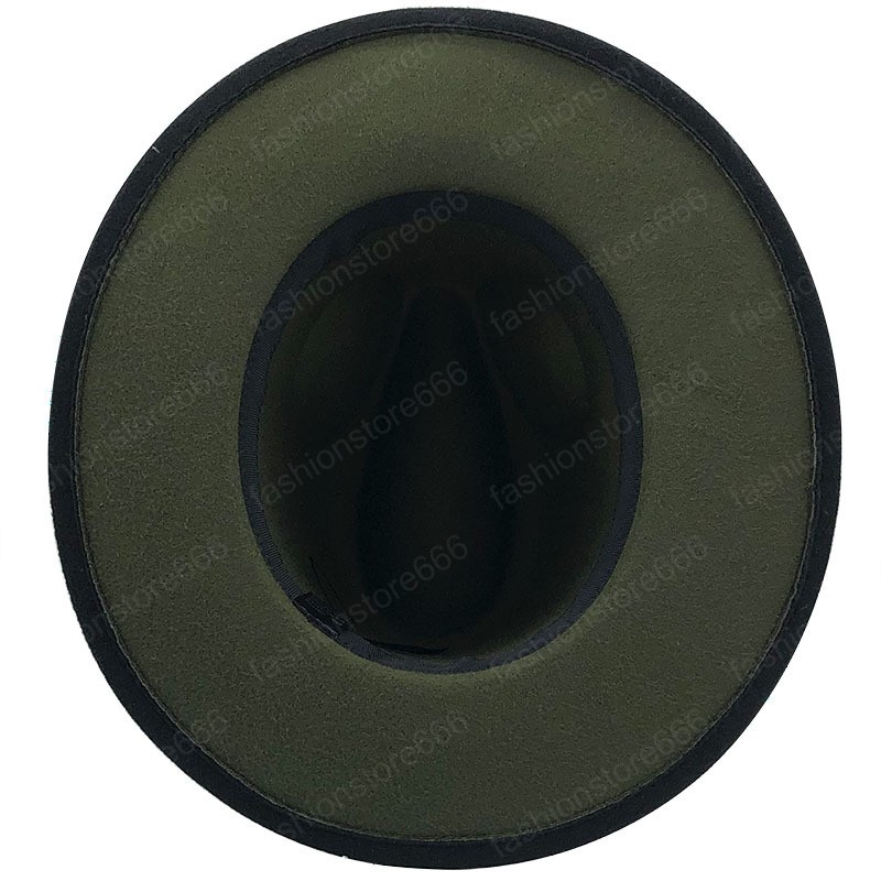 Big Size Outer black Inner Army green Wool Felt Jazz Fedora Hats with Thin Belt Buckle Men Wide Brim Panama Trilby Cap