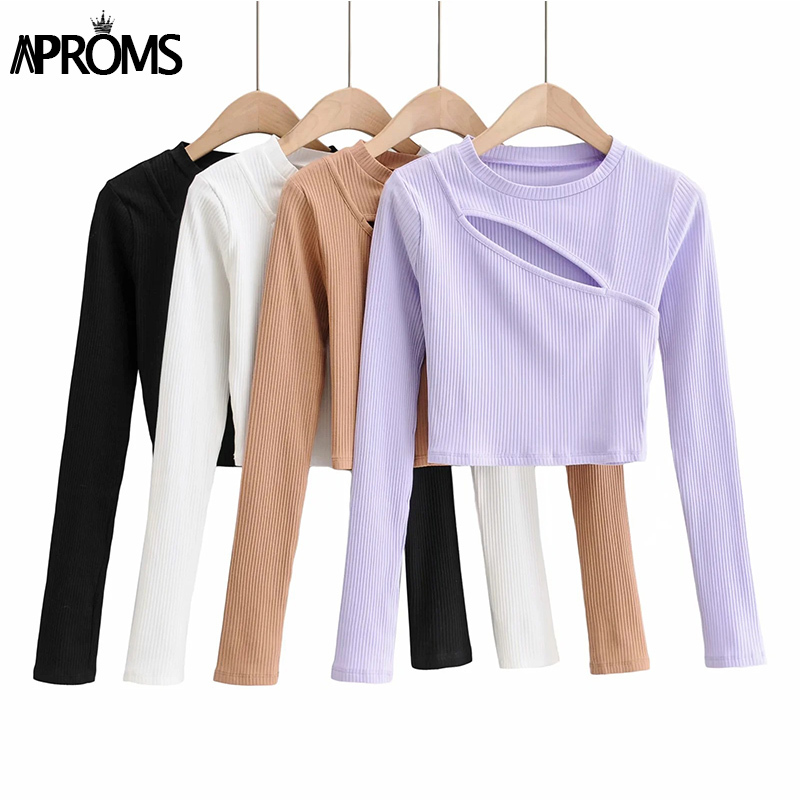 Aproms Elegant Autumn Ribbed Knitted Long Sleeve T-shirt Women Sexy Bodycon Crop Top Female Street Fashion Black Tshirt Tee 210310