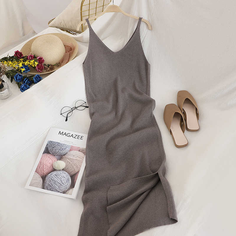 OCEANLOVE V Neck Solid Knitted Dresses Casual All Match Simple Fashion Korean Women Dress Elegant Vestidos Clothes 15517 210630
