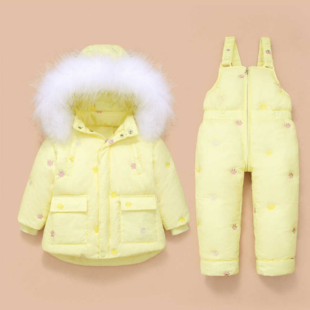 Mudkingdom Baby Girls Winter Down Snowsuit Set Embroidery Overalls Fur Hood Toddler Year Clothing 210615