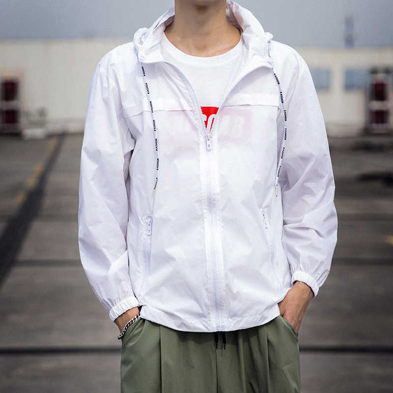 Summer Thin Jacket Men Hooded Quick-drying Sunscreen Coat Male Lightweight Fabrics Outdoor Windbreaker Travel Clothing White 5XL 210820