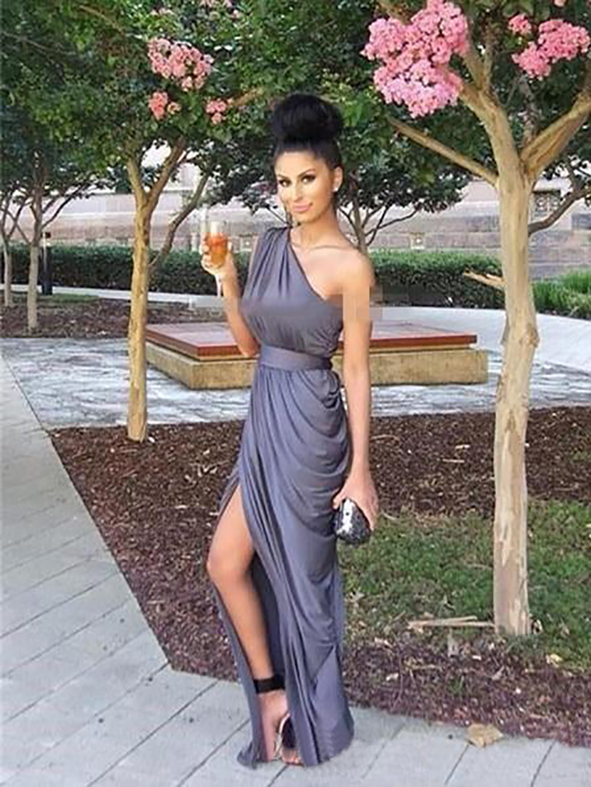 2021 Burnt Orange Long Bridesmaid Dresses One Shoulder Ruffled Draped Maid of Honor Gowns Formal Wedding Guest Dress Split Floor Length Customize