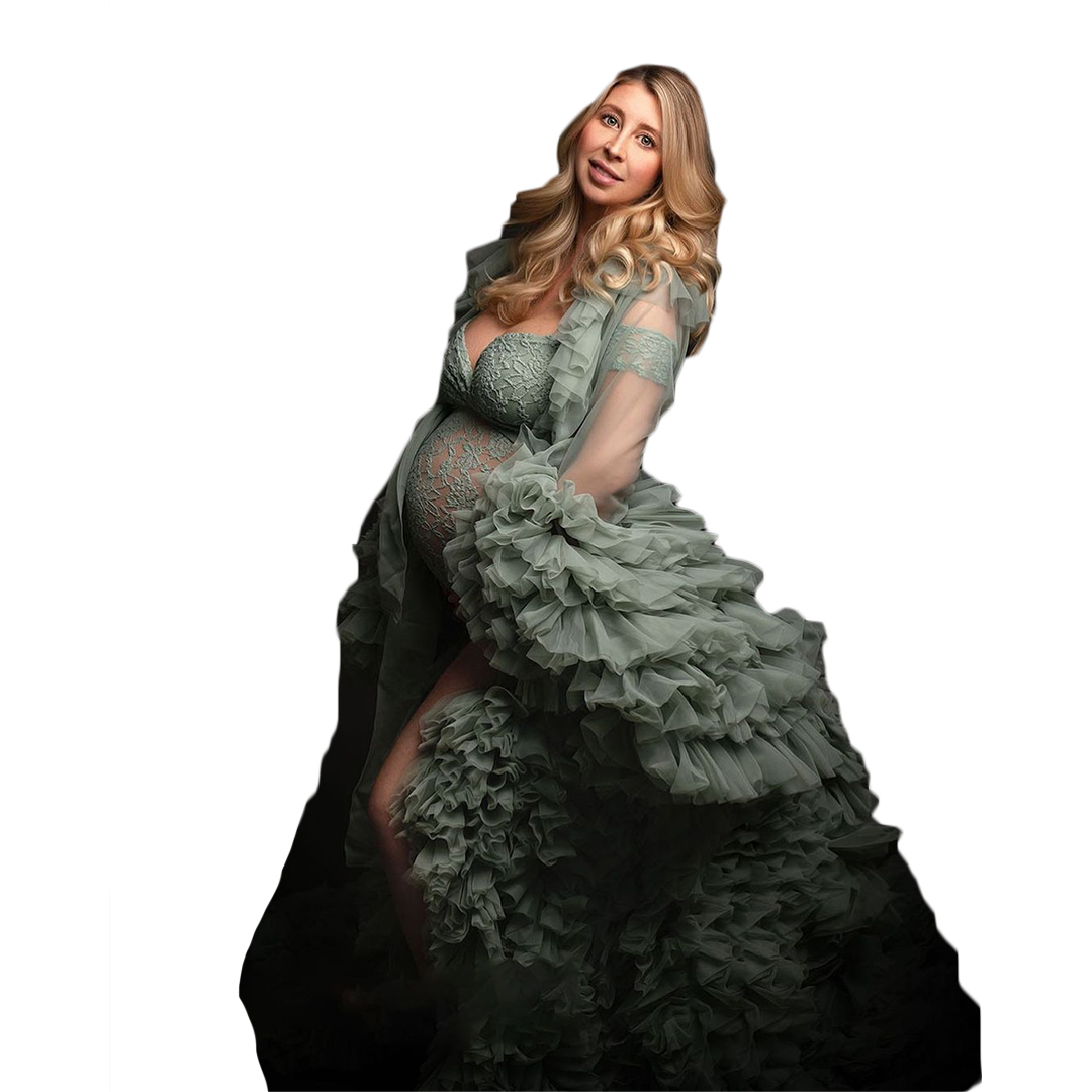 2021 Green Ruffle Plus Size Pregnant Ladies A Line Sleepwear Dress Tulle Nightgowns For Photoshoot Lingerie Bathrobe Nightwear Baby Shower