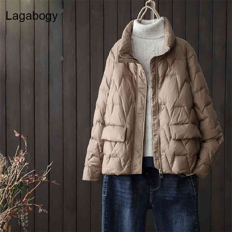 Lagabogy Autumn Winter Coat Women Ultra Light White Duck Down Parka Short Loose Puffer Jacket Female Casual Outwear 210918