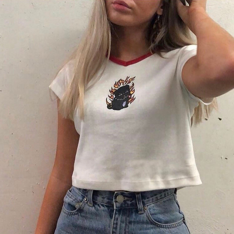 Women's Funny Print T Shirts Summer Harajuku Short Sleeve Crop Tops Girls Cute Fire Dog T-shirt V Neck Cotton Tshirt Femme 210306