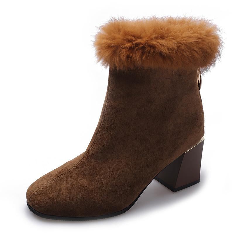 Boots Fashion High Heels Women Winter Shoes Brand Ladies Fur Ankle Square Heel 7cm Black Plus Size 41 Snow