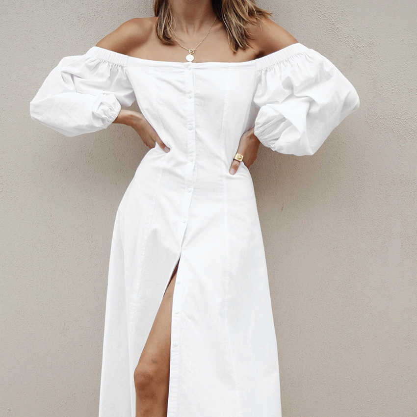 DEAT Women Midi-long Split Dress Slash Neck Short Sleeve Arrivals Lady Sexy Fashion Temperament Spring Summer 11D1526 210709