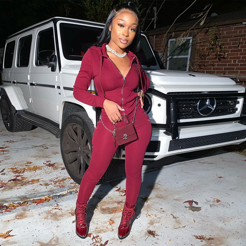 HAOYUAN Sexy Two Piece Set Jumpsuit Long Sleeve Hoodies Top+Zip Pocket Pants Suit Tracksuit Fall Women Clothing Matching Outfits 201007