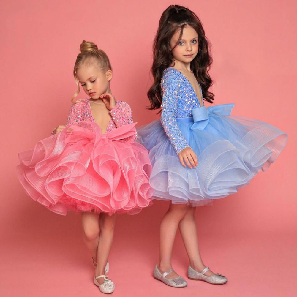 Pink Blue Sequins Short wer Girl With Long Sleeves Sheer Neck Bead Christmas Princess Girls Pageant Gowns Tulle Birthday First Communion Dress