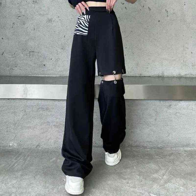 HOUZHOU Black Wide Leg Cargo Pants Women Hollow Out Streetwear Techwear Trousers Elastic Waist Patchwork Korean Fashion Summer 211115