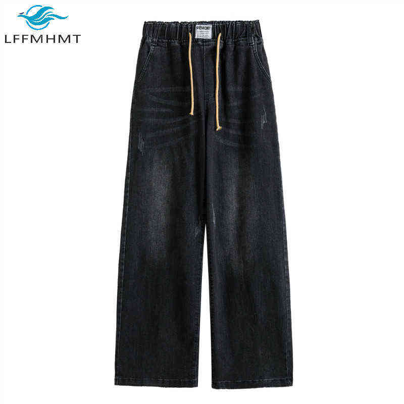 OYS 202 Elastic High Waist Women Denim Pants Office Lady Korean Simple Casual Loose Jeans Female Solid Color Vintage Trousers 211111