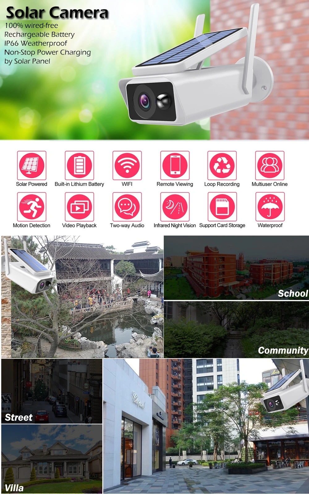 Wireless Battery Solar Surveillance Camera Waterproof Outdoor PTZ Remote Control Low Power Infrared Night Vision