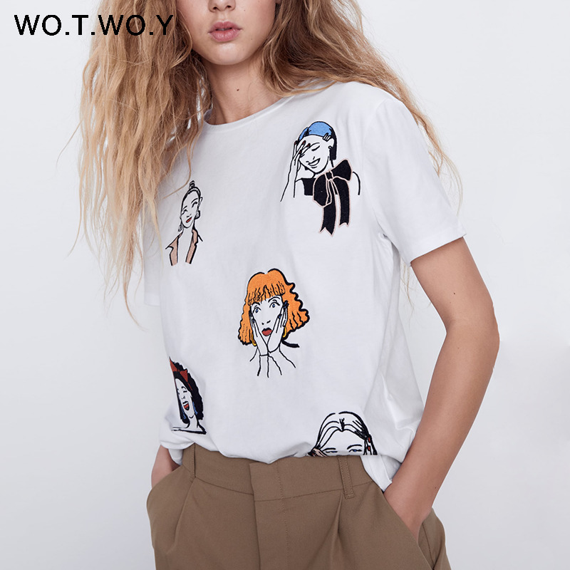 WOTWOY Summer Cute Printed T-shirt Women Knitted Cotton White Tops Tee Shirt Women Casual Short Sleeve Harajuku Tshirts Female 210306