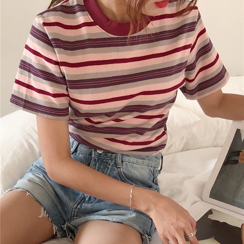 Korean Summer T-shirt Women Casual Ulzzang Long Sleeve Striped T Shirt Female Tshirt Vogue Tops Tee T200516