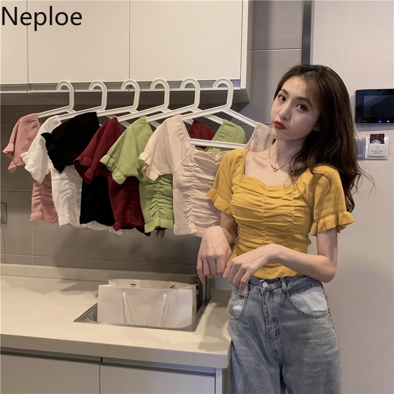 Neploe Fungus Knitted T Shirts Women Solid Square Collar Petal Sleeve Female Tops Summer Casual Slim Fit Ladies Tees 1C625 210306