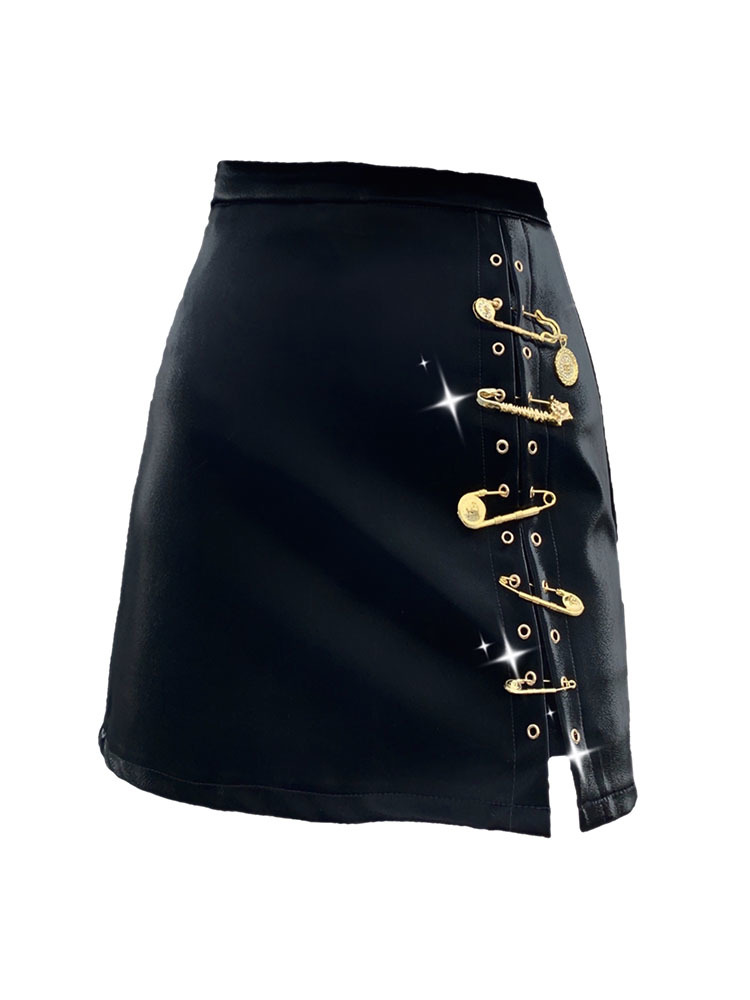 Patchwork Pins Asymmetrical Women's Skirts High Waist PU Leather Casual Mini Skirt For Female Fashion Clothing 210309