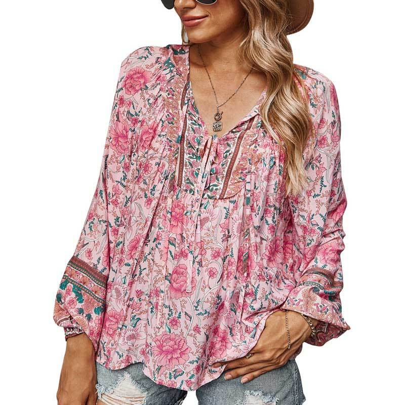 BOHO INSPIRED Long Sleeve Women Blouse Shirt Floral Print Boho Shirts Tops Tie V-Neck Pink women Tops rayon spring summer blouse 210225