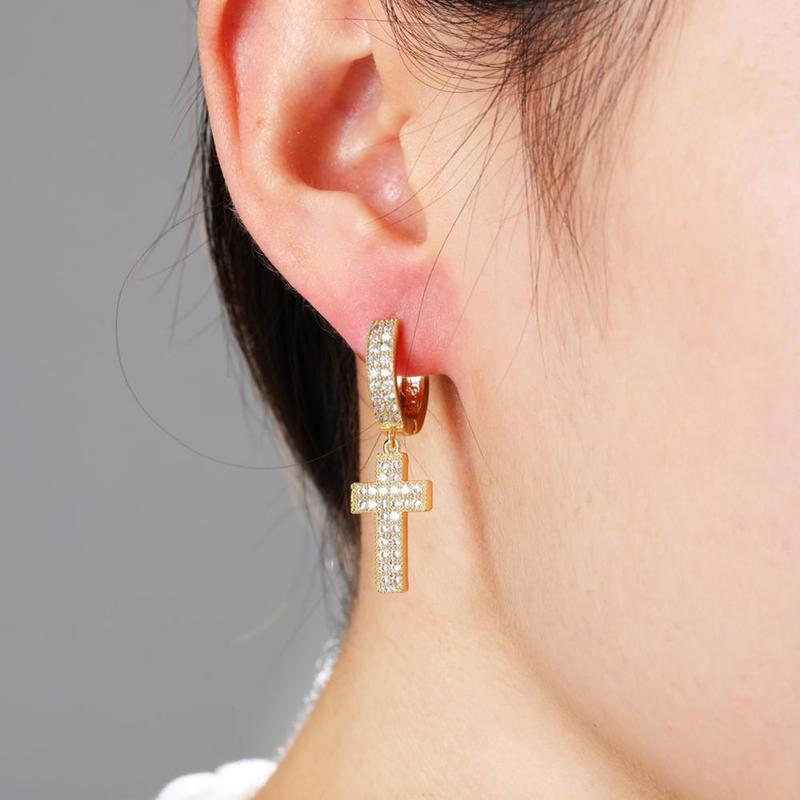 TOPGRILLZ Cubic Zirconia Bling Iced Cross Earring Gold Silver Color Copper Material Earrings for Men Women Hip Hop Rock Jewelry 220211
