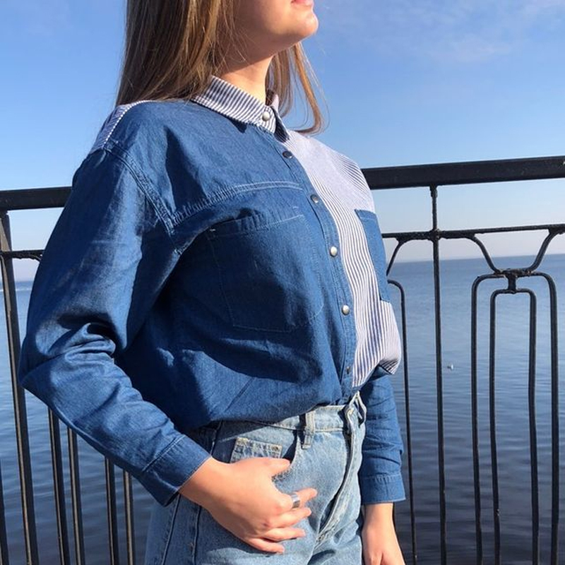 GOPLUS Women's Shirt Blue Blouse Clothing for Women Tops Turn Down Collar Patchwork Denim Blouses Shirts Haut Chemise Femme 210225