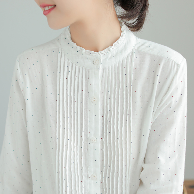 Lamtrip Color Point Double-Layer Cotton Yarn Ruffled Collar Shirt Blouse Mori Girl Spring 210225
