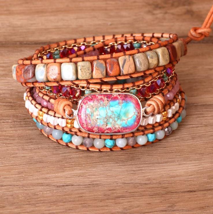 Colored natural stone multi-layer hand-woven bracelet leather-wrapped bohemian court-style jewelry
Colored natural stone multi-layer hand-woven bracelet leather-wrapped bohemian court-style jewelry