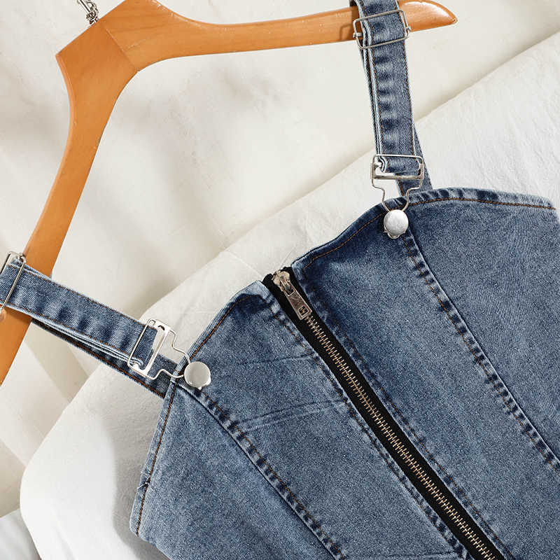 DEAT Women Denim Dress Fashion Spring Summer Ladies Vintage A-line Sling Denim Dress HR369 210709