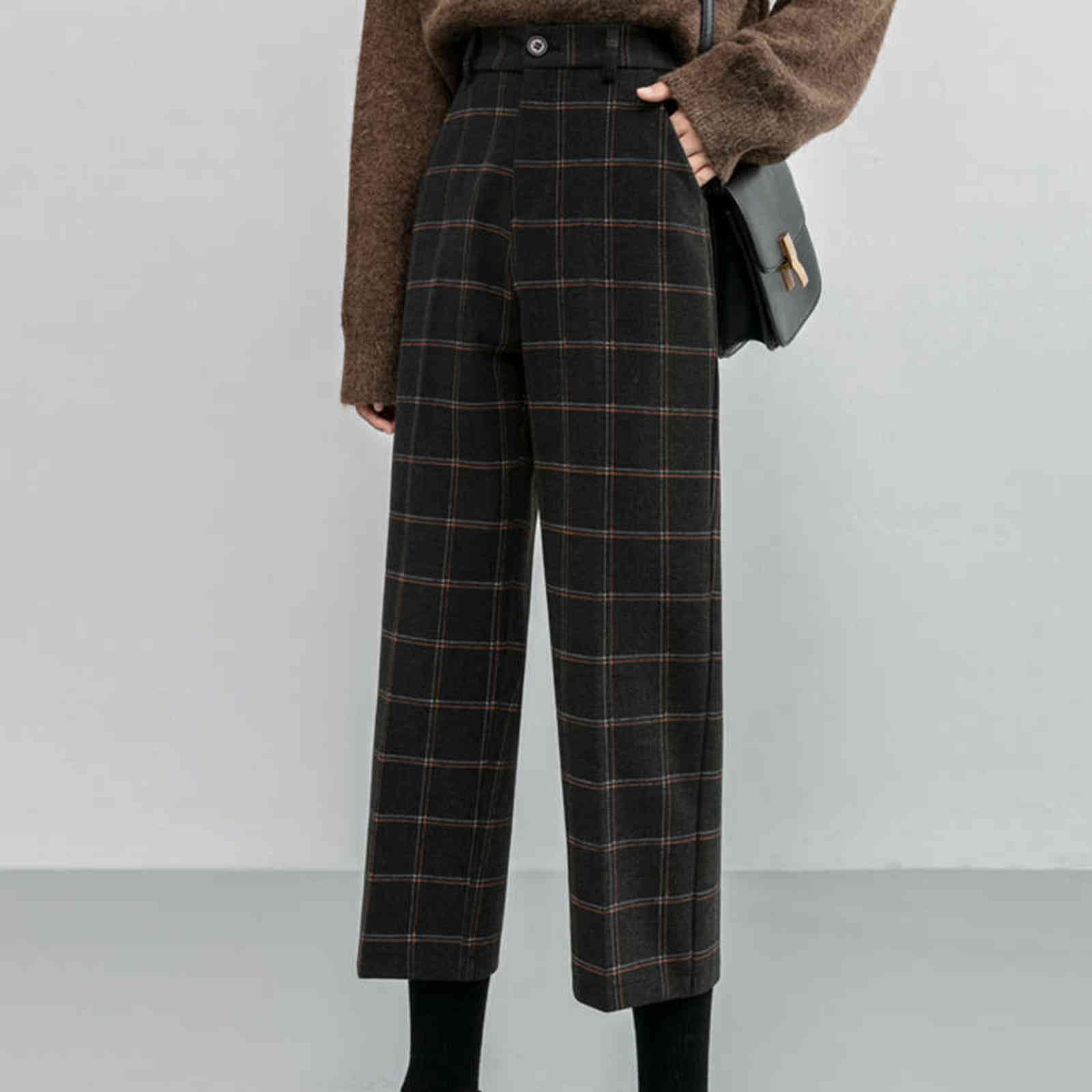Chic Woolen Plaid Autumn Winter Women's High Waist Formal Straight Pants Loose Ankle-Length Female Boots Plus Size 211115