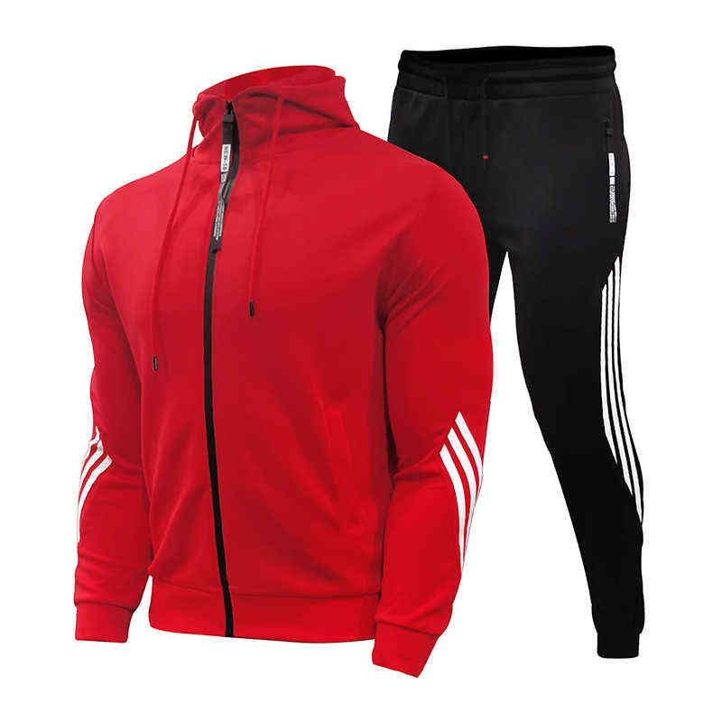2021 Spring And Autumn Brand Fashion Men's Two-Piece Striped Sportswear Men's Hooded Top Outdoor Sports Pants Track Suit H1120