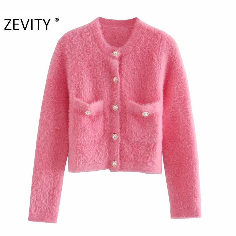 Zevity Women Fashion Candy Colors Pockets Patch Cardigan Knitting Sweater Female Chic Long Sleeve Pearl Breasted Slim Tops S460 210218