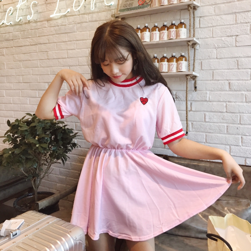 Women's Lovely Sweet Dress Japan Style Kawaii Ulzzang Cute Love Embroidered Vestidos Female 2020 Girls Korean Harajuku Dresses C0304
