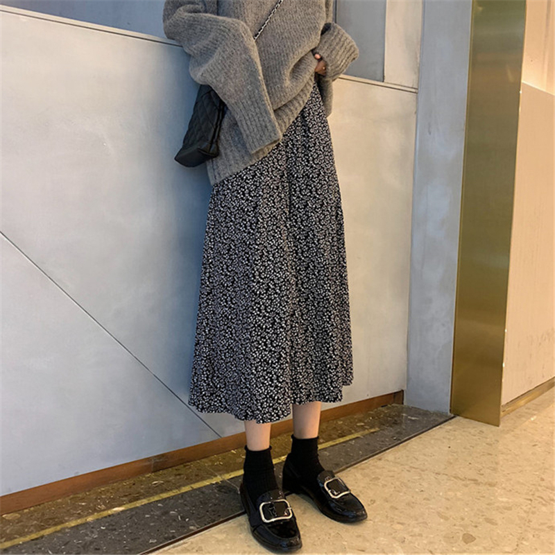 Women Elegant Floral Print Pleated Skirt Elastic High Waist Long Skirt Female Autumn Ladies High Quality Midi Skirt Saia 210306