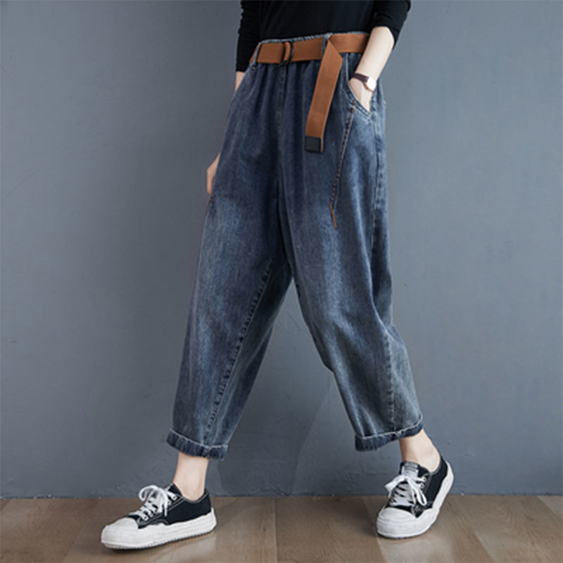 Autumn Korea Fashion Women Cotton Denim Harem Pants all-matched Casual Elastic Waist vintage Blue Loose Jeans Plus Size M634 210302
