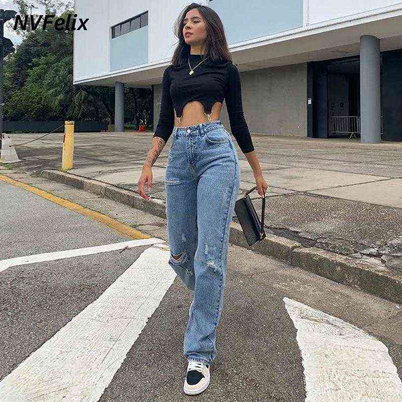 Fashion Rippde Jeans Women High Waist Straight Denim Mom Pants Baggy Jeans Women Washed Blue Casual Female Cotton Pants 211112