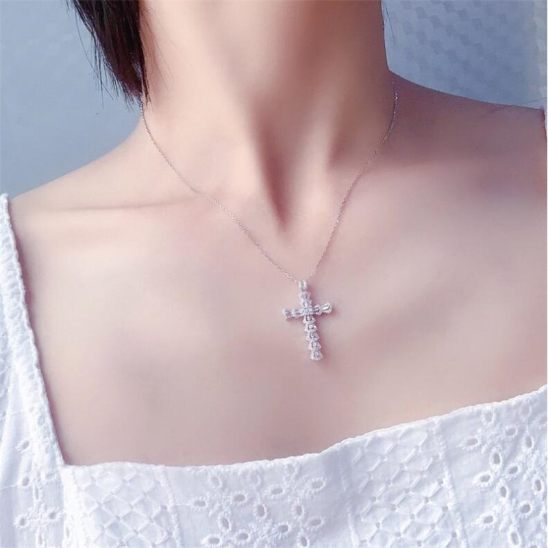 2021 Top Selling Jewelry Sterling Sier T Princess Cut White Topaz CZ Dia Cross Pendant Party Eternity Women Clavicle Necklace Gift