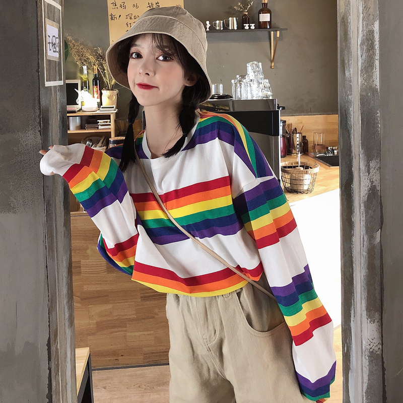 Tee Shirt Woman SAutumn Tops Korean Ulzzang Harajuku Rainbow Striped Tshirt For Women Long Sleeve Tshirt Female Casual Clothing T200614