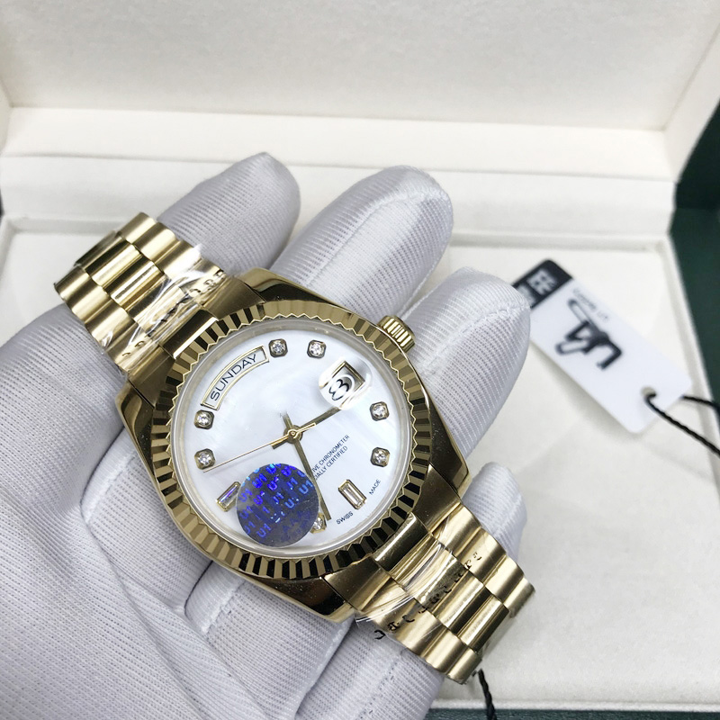 18K Gold luxury watch white dial automatic DAYDATE 36mm men&women mechanical Glide smooth second hand watches
18K Gold luxury watch white dial automatic DAYDATE 36mm men&women mechanical Glide smooth second hand watches