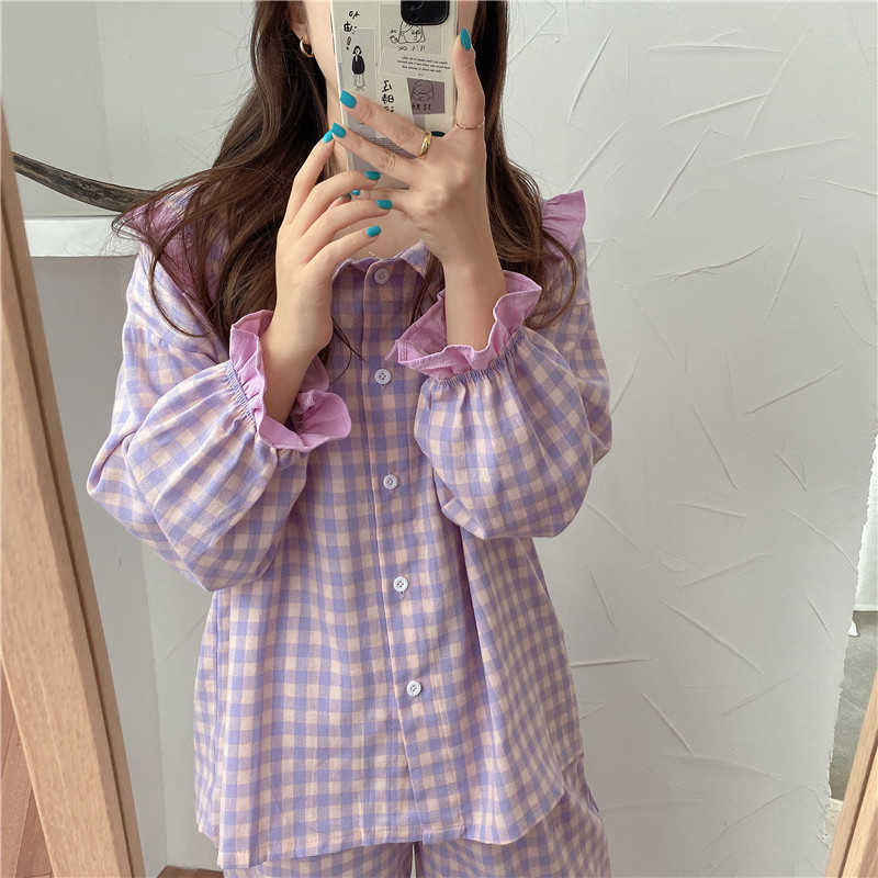 Mozuleva Pyjamas Women Soft Cotton Home Wear Autumn Winter Pijama Female Pants Suit Lapel Plaid Pajamas Set Sleepwear 210706