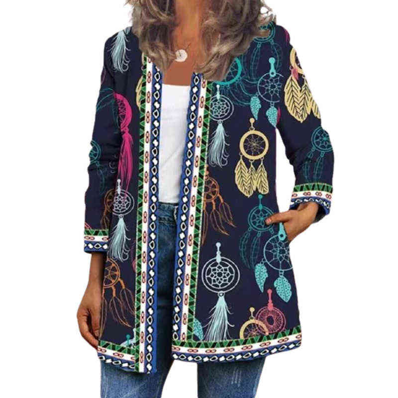 Autumn Winter Cardigan Women's Vintage Ethnic Floral Printed Long Sleeve Tunic Jackets Ladies Loose Outerwear Chic Top Coat 211117