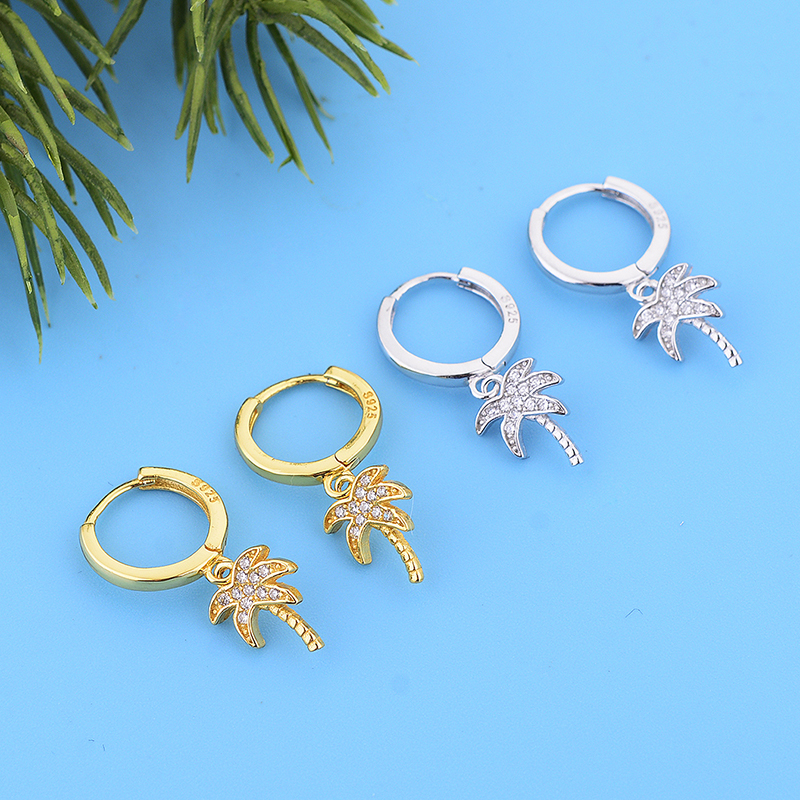 925 Sterling Silver Hoop Earring Women Jewelry Gold Plated Palm Tree Clip Circle Round Earrings Boucle Doreille Femme