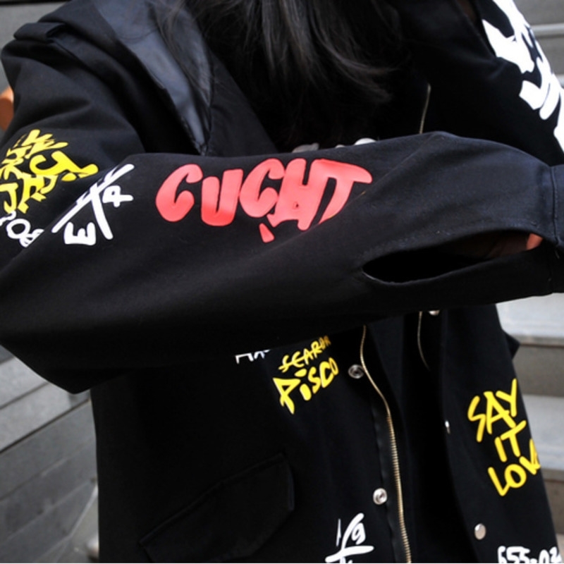 Vefadisa Women Scrawl Overcoat 2021 Spring Autumn Long Hooded Women Cotton Coat Letter Printing Women Jacket Black DQ0287 210218