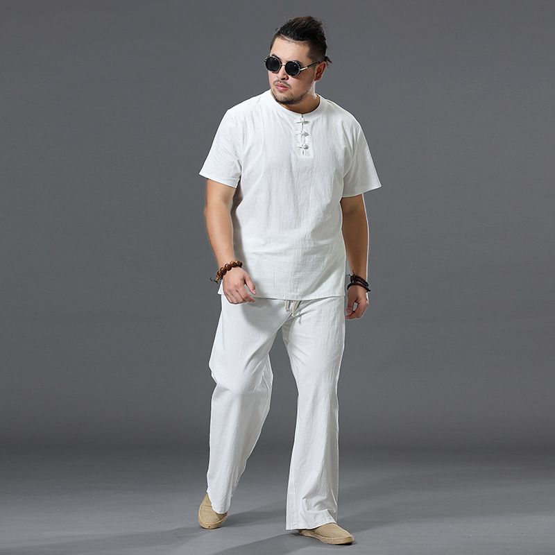 Men's Large Size Clothing Big Tracksuit Suit Linen Overweight T-shirt Casual Male Elastic Waist Band 7XL 8XL 9XL Big Two Pcs Set 210518