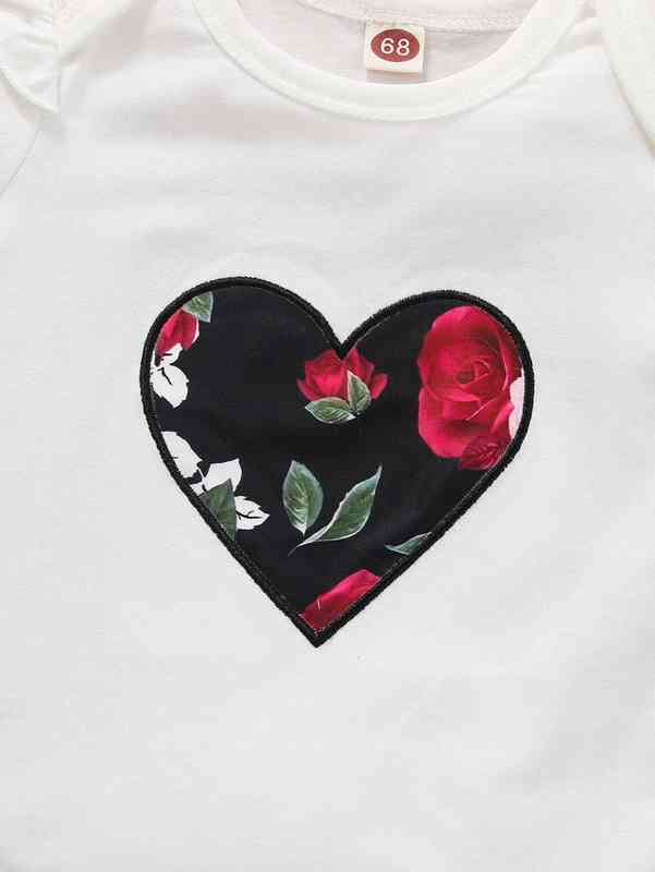 Baby Floral Print Heart Embroidery Bodysuit & Shorts With Headband SHE