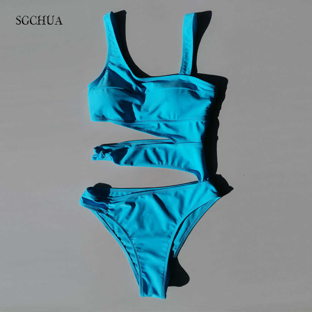 SGCHUA Solid Bandage Swimsuit Women Cut Out Monokini White Yellow Blue Swimwear Sexy Hollow Bathing Suit 210611