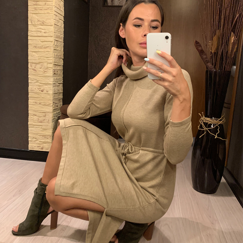 GIGOGOU Turtle Cowl Neck Long Knit Women Straight Dress Autumn Winter Drawstring Midi Dress Split Up Pullover Sweater Dress 210309