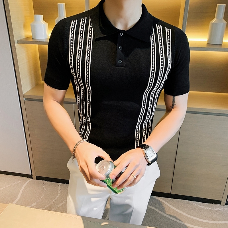 Social Knitting Slim Polo British Style Stripes Polo Shirt Men Summer Short Sleeve Men's Polos Slim Fit Casual Polo Homme 3XL 210308