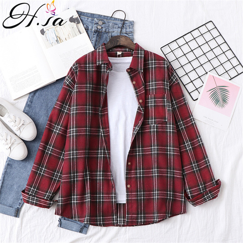 H.SA Women Casual Plaid Shirts Loose Style ladies tops Yellow Blouses Tunic Spring Oversized Blouses and Shirt 210225